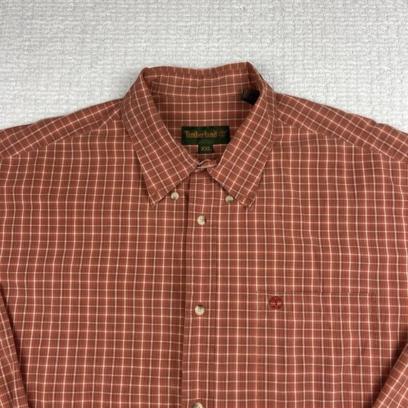 Timberland Men's 2XL Button Down Long Sleeve Orange Gingham Plaid Shirt Vintage - Picture 2 of 16